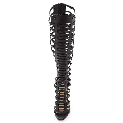 Shoeswoon Black Multi-Strap Knee-High Gladiator Heeled Sandals