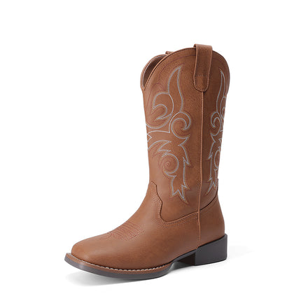 Shoeswoon Brown Retro Embroidered Mid Calf Cowboy Boots