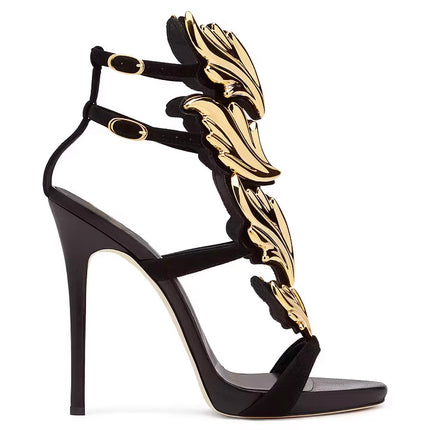 Shoeswoon Black and Gold Evening Shoes Luxury Metallic Heels Stiletto Sandals