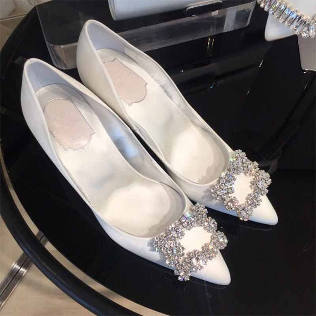Shoeswoon Satin Pointed Toe Square Crystal Buckle Bridal High Heels