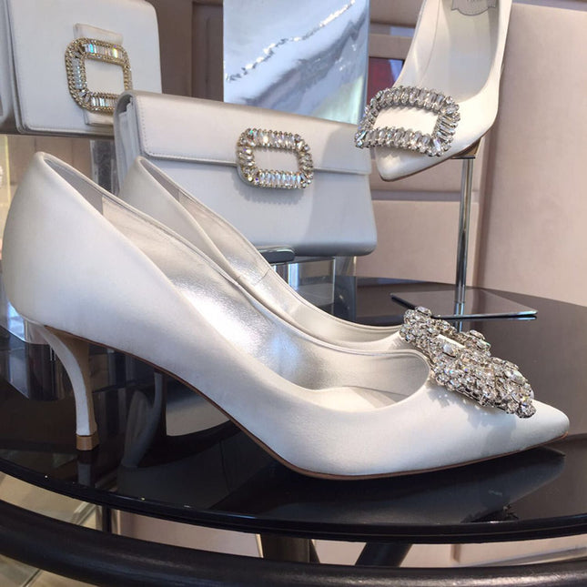 Shoeswoon Satin Pointed Toe Square Crystal Buckle Bridal High Heels