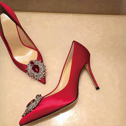 Shoeswoon Luxurious Pointed Toe Gem Rhinestone Decor Stiletto Pointed Toe Heels