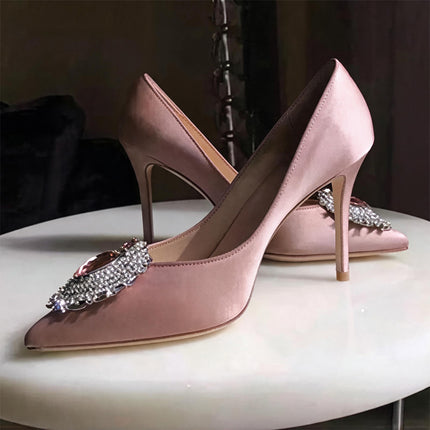 Shoeswoon Luxurious Pointed Toe Gem Rhinestone Decor Stiletto Pointed Toe Heels