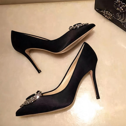Shoeswoon Luxurious Pointed Toe Gem Rhinestone Decor Stiletto Pointed Toe Heels