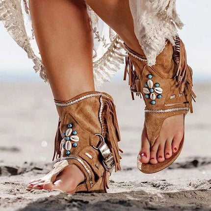 Shoeswoon Bohemian Fringe Shell Embellished Thong Ankle Boot Flat Sandals