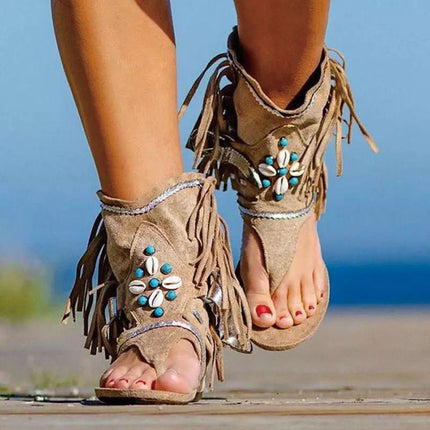 Shoeswoon Bohemian Fringe Shell Embellished Thong Ankle Boot Flat Sandals