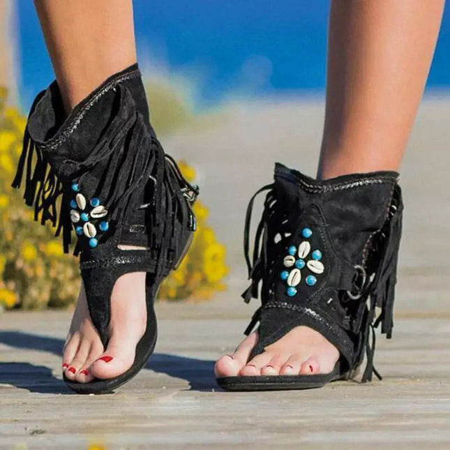 Shoeswoon Bohemian Fringe Shell Embellished Thong Ankle Boot Flat Sandals