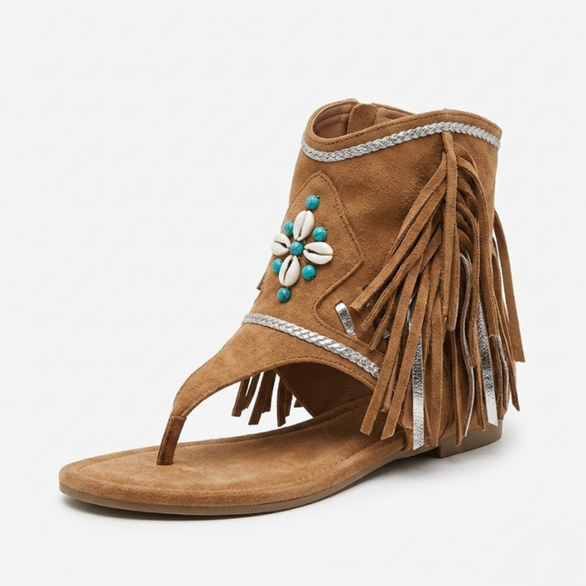 Shoeswoon Bohemian Fringe Shell Embellished Thong Ankle Boot Flat Sandals