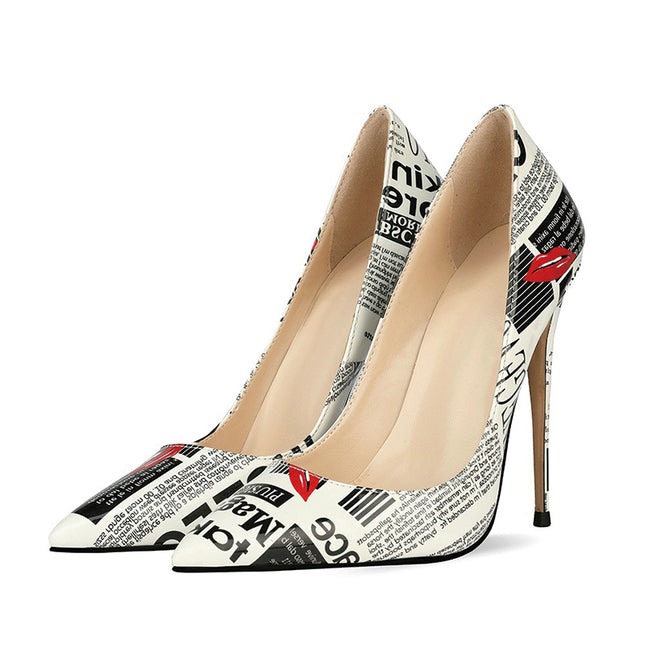 Shoeswoon Statement Newspaper Print Pointed Toe Stiletto High Heels