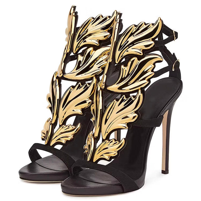 Shoeswoon Black and Gold Evening Shoes Luxury Metallic Heels Stiletto Sandals