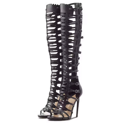 Shoeswoon Black Multi-Strap Knee-High Gladiator Heeled Sandals