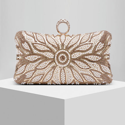 Shoeswoon Luxury Floral Beaded & Crystal Ring Handle Evening Clutch