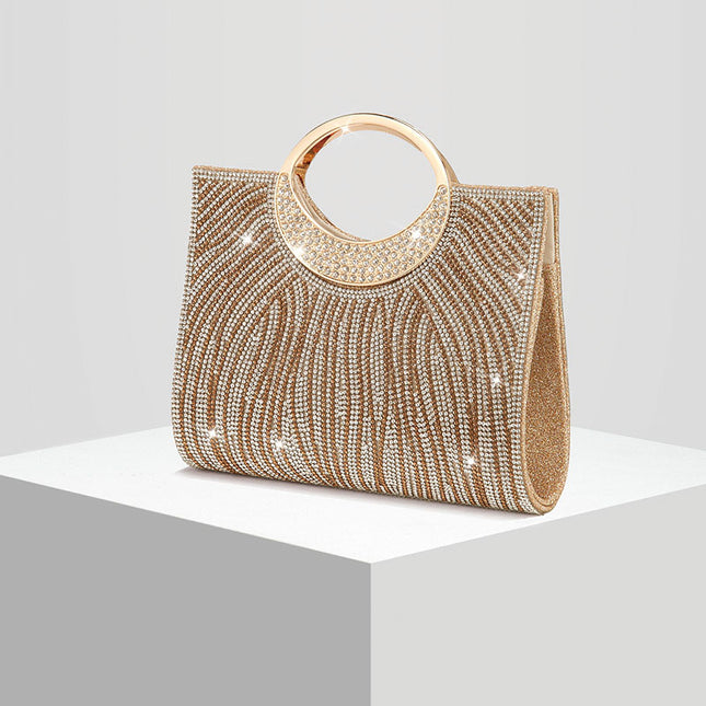 Shoeswoon Dazzling Full Rhinestone Wave Pattern Ring Handle Evening Clutch