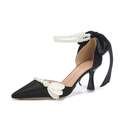 Shoeswoon Romantic Pointed Toe Pearl Bow Medium Heel Ankle Wrap Heels