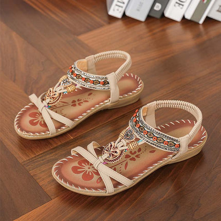 Shoeswoon Ethnic Vintage Beaded Ankle Strap Summer Flat Sandals