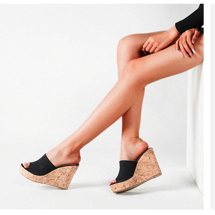 Shoeswoon Peep-Toe Slip-On Wedge Heels