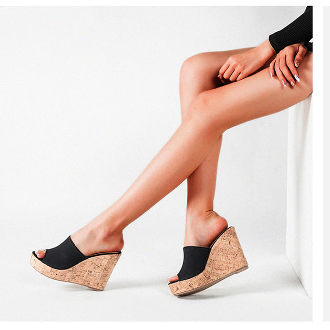 Shoeswoon Peep-Toe Slip-On Wedge Heels