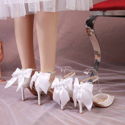 Shoeswoon Elegant Satin Bow Ankle Strap Stiletto High Heels