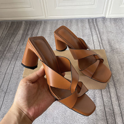 Shoeswoon Minimalist Square Toe Crisscross Chunky Heel Slide Mule Heels