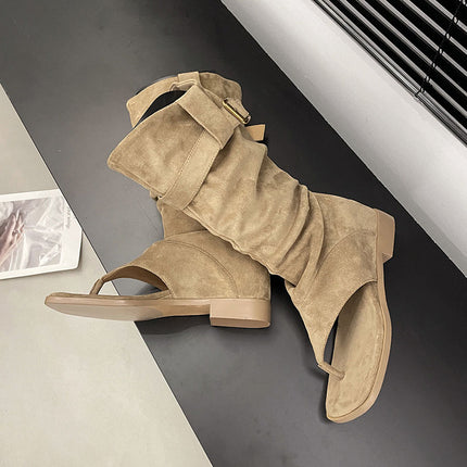 Shoeswoon Buckle Detail Thong Knee High Boot Flat Sandals