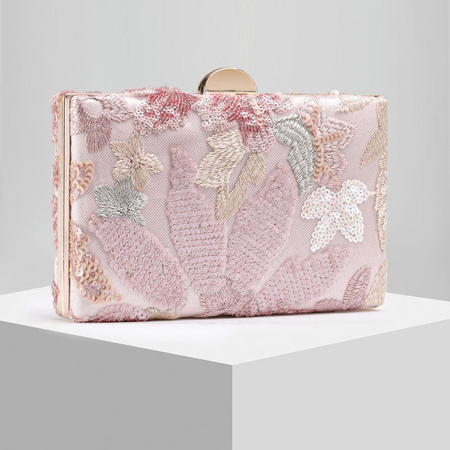 Shoeswoon Elegant Floral Embroidered Sequin Beaded Box Evening Clutch