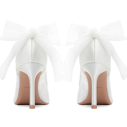 Shoeswoon Delicate Lace Mesh Bow Decor Pointed Toe Stiletto Heels