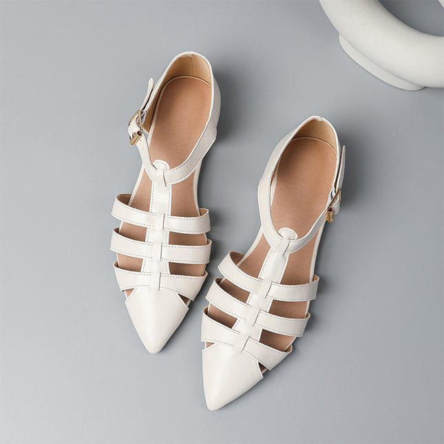 Shoeswoon Pointed Toe T-Strap Cutout Women Flat Sandals