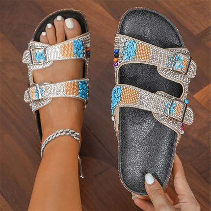Shoeswoon Sparkly Beaded Adjustable Buckle Flat Slides Birkenstock