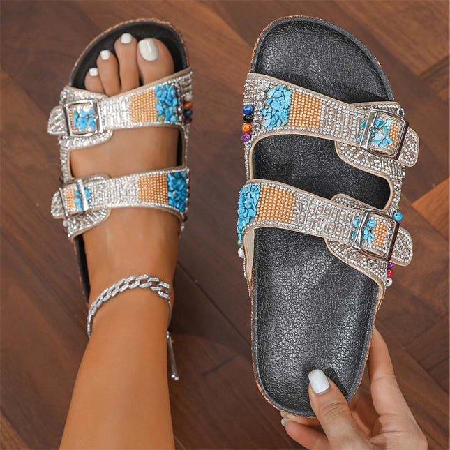Shoeswoon Sparkly Beaded Adjustable Buckle Flat Slides Birkenstock