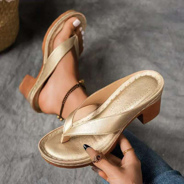 Shoeswoon Gold Casual Slip-On Open Toe Chunky Heel Thong Mules