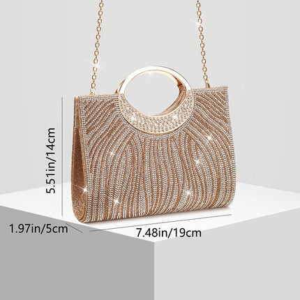 Shoeswoon Dazzling Full Rhinestone Wave Pattern Ring Handle Evening Clutch