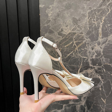 Shoeswoon Elegant Bow Crystal Satin Pointed Toe T-Strap Stiletto Heels