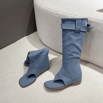 Shoeswoon Buckle Detail Thong Knee High Boot Flat Sandals