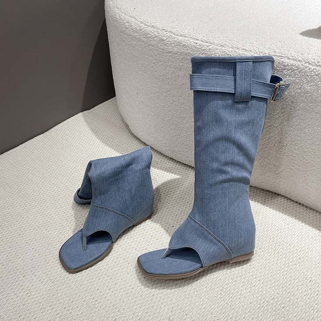 Shoeswoon Buckle Detail Thong Knee High Boot Flat Sandals