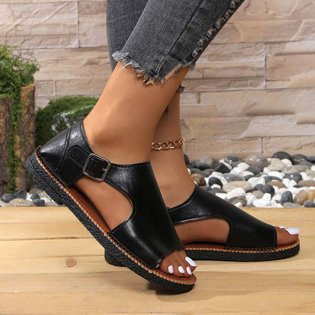Shoeswoon Hand-Stitched Peep Toe Leather-Like Casual Flat Sandals