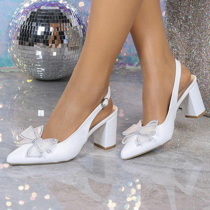 Shoeswoon Elegant Mesh Bow Pointed Toe Slingback Block Heels