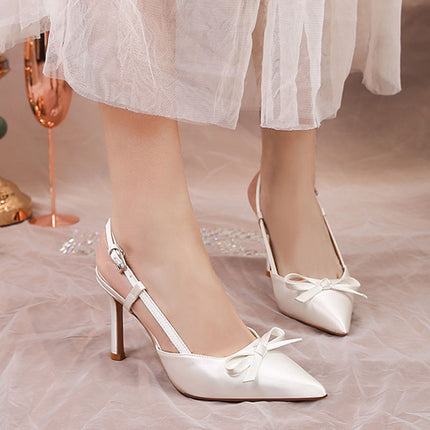 Shoeswoon Elegant Bow Decor Satin Pointed Toe Slingback Stiletto Heels