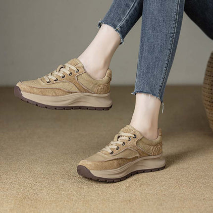 Shoeswoon Genuine Leather Patchwork Platform Lace Up Sneakers