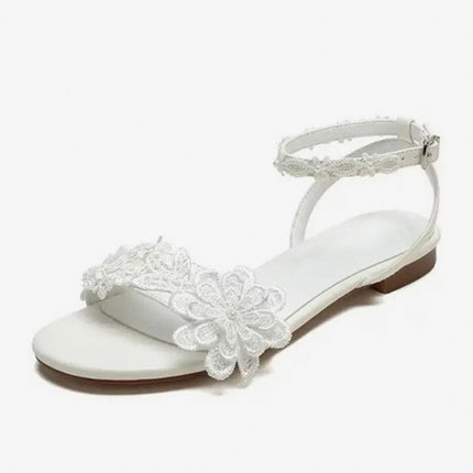 Shoeswoon Romantic Floral Lace Open Toe Flat Ankle Strap Sandals