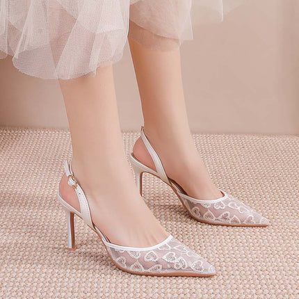 Shoeswoon Sheer Mesh Love Pattern Slingback Stiletto High Heels