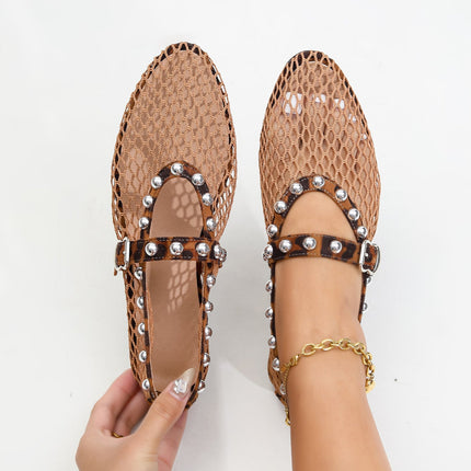 Shoeswoon Chic Studded Mesh Mary Jane Flats