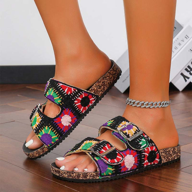 Shoeswoon Ethnic Pattern Double Buckle Flat Slides Birkenstock