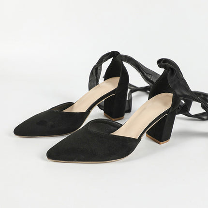 Shoeswoon Pointed Toe Lace Up Ankle Wrap Block Heels