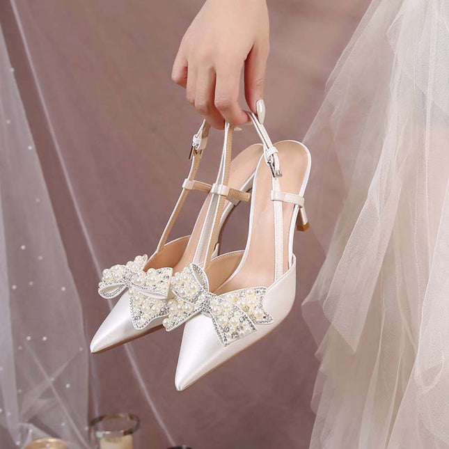 Shoeswoon Removable Rhinestone Bow Wedding Slingback Stiletto High Heels