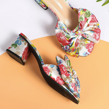 Shoeswoon Floral Bow Open Toe Block Heel Mule Slippers