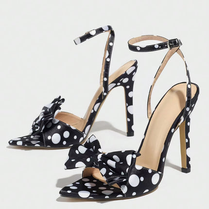 Shoeswoon Polka Dot Bow Stiletto Heel Ankle Strap Sandals