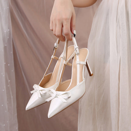 Shoeswoon Elegant Bow Decor Satin Pointed Toe Slingback Stiletto Heels