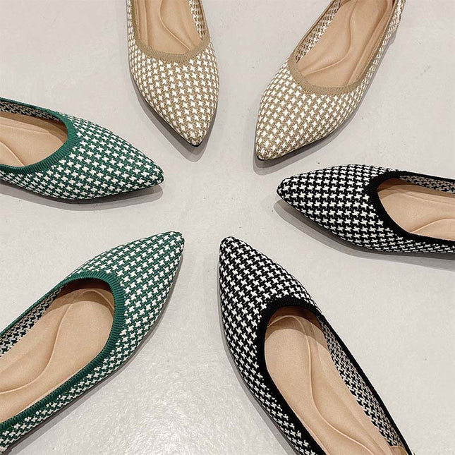 Shoeswoon Pointed Toe Houndstooth Knit Casual Women Ballet Flats