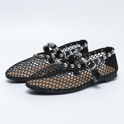 Shoeswoon Chic Studded Mesh Mary Jane Flats