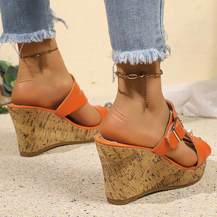 Shoeswoon Orange Casual Adjustable Buckle Open Toe Wedge Slide Sandals